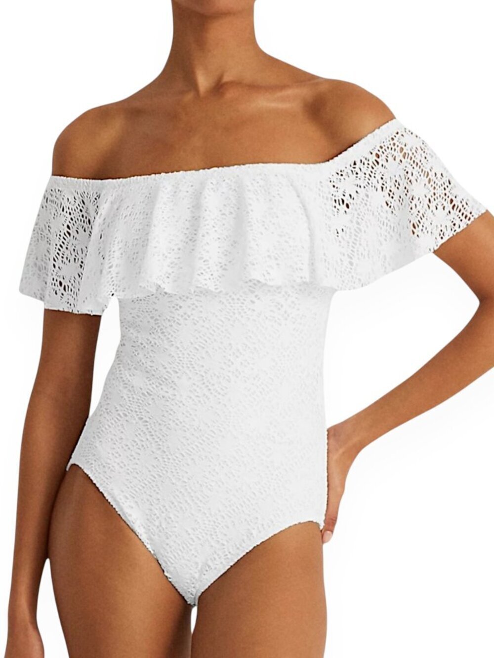 Ralph Lauren White Crocheted Lace Off-Shoulder Ruffle One-Piece Swimsuit NWOT 10